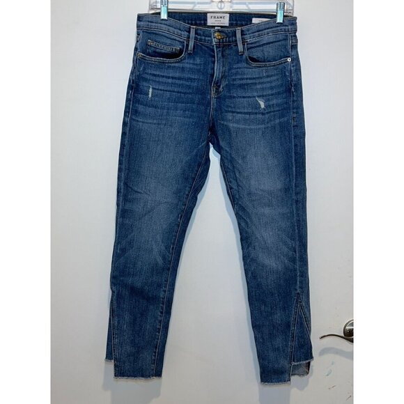 Frame Le Boy Distressed Slim Fit Blue Denim Jeans Womens Size 28 Ankle Length Ra - Picture 3 of 10